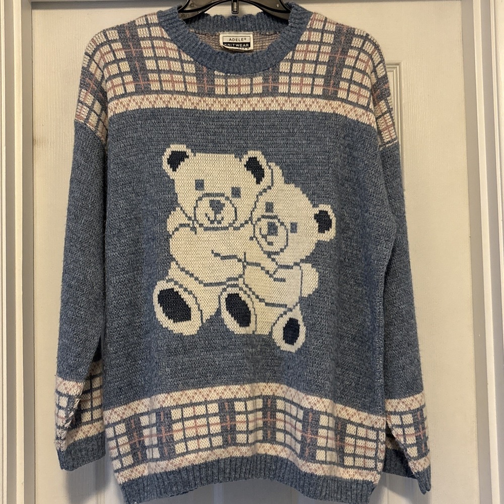 Vtg‎ Adele Knitwear Sweater Blue Pink Grannycore Teddy Bears 80's Plaid M